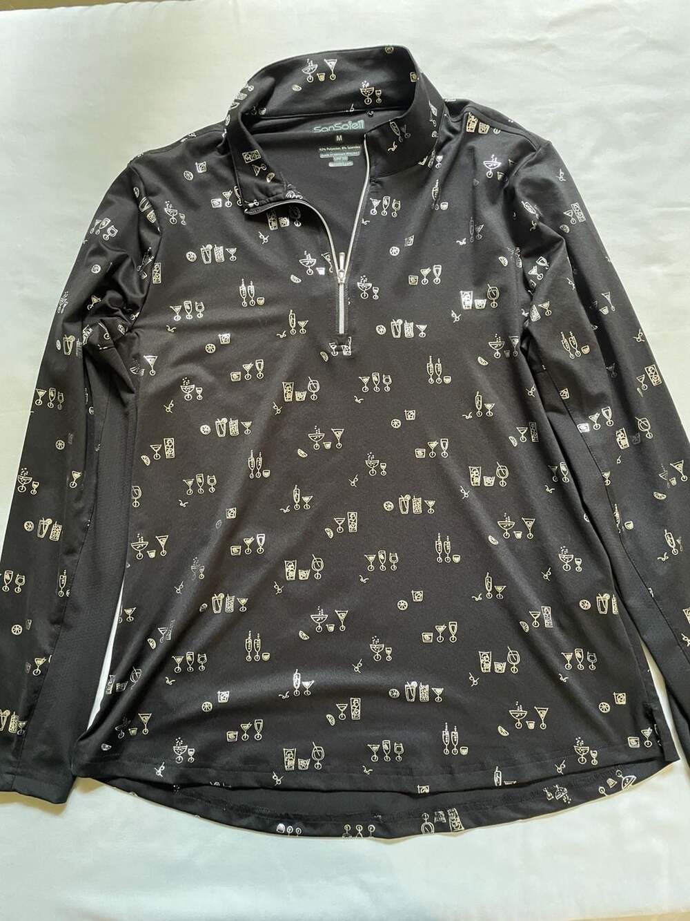 SanSoleil Black Cocktail Glass Print UPF 50 Long Sleeve 1/4 Zip Golf Polo M